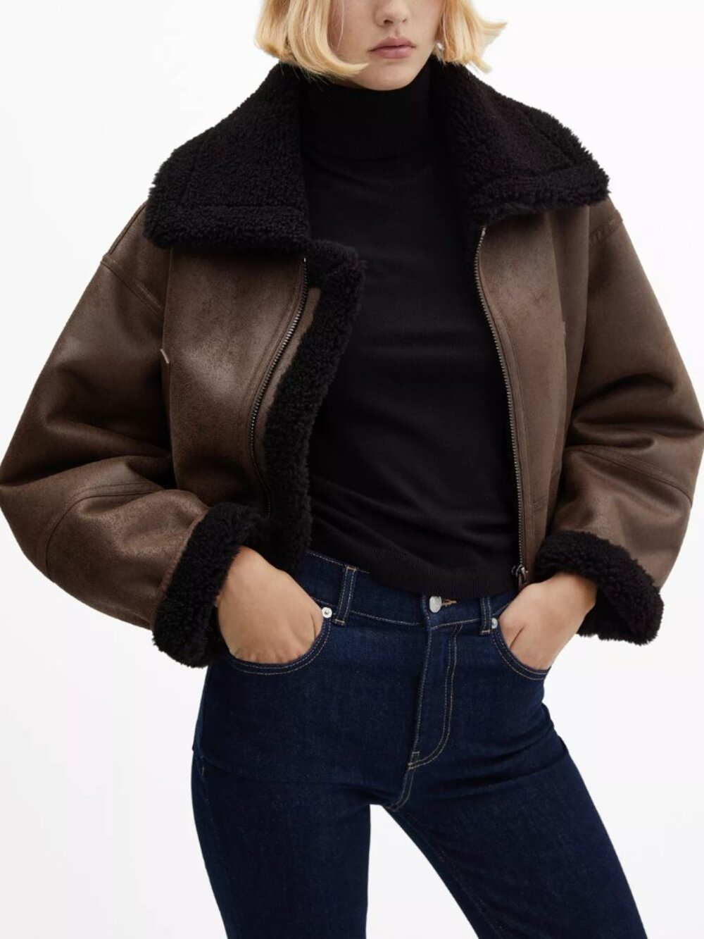 MANGO Short Double-Sided Faux Shearling Jacket S Brown Black